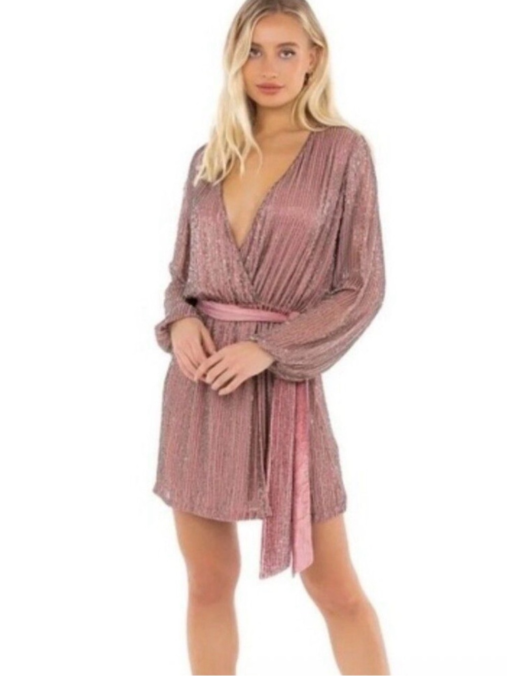 Karina Grimaldi Garda Beaded Dusty Rose Wrap Style Mini Dress R8